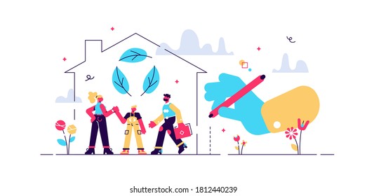Grüne, Vektorgrafik zu Hause. Ökologisches Haus Wohnung winzige Personen Konzept. Bauen Sie Immobilien mit nachhaltigen, naturfreundlichen Baumaterialien. Null-Abfall-Ökoansatz in Gebäuden zur Rettung des Planeten