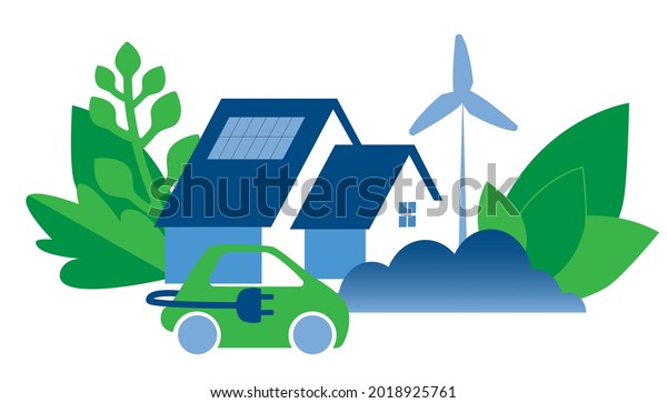Green home vector. Sustainable\
house and electric car. Clean energy concept\
illustration.