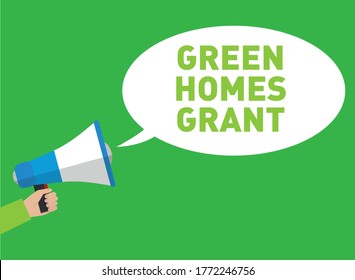 GREEN HOMES GRANT announcement megaphone vector; Chancellor Rishi Sunak has announced homeowners will be given £5,000 in energy saving vouchers to help them insulate their homes.