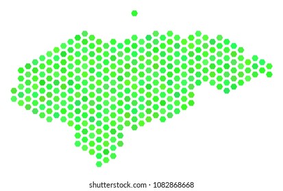Green Honduras map. Vector honeycomb territory map in fresh green color tones. Abstract Honduras map collage is formed with hexagon elements.