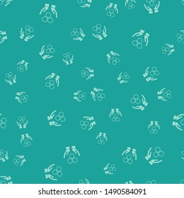Green Honeycomb and hands icon isolated seamless pattern on green background. Honey cells symbol. Sweet natural food.  Vector Illustration