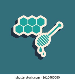 Green Honeycomb with honey dipper stickicon isolated on blue background. Honey ladle. Honey cells symbol. Sweet natural food. Long shadow style. Vector Illustration