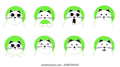 Green hoodie cartoon cats with expressive and funny emotions, cute vector heads in simple style, Vector Illustration

