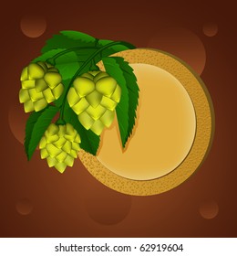 Green hop with beer coaster. Vector