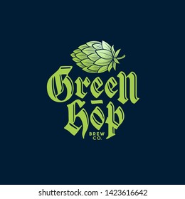 Green Hop Logo. Brewing Company Logo. Beer Pub Emblem. Hop Cone and Typographic Composition. Engraving, Vintage Style.