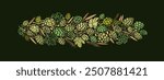 Green hop, malt print. Vintage beer oktoberfest symbol. Sketch of raw hop plant with cones, texture leaves, golden grain for beer brewing and food packaging, logo for bar, tavern, restaurant