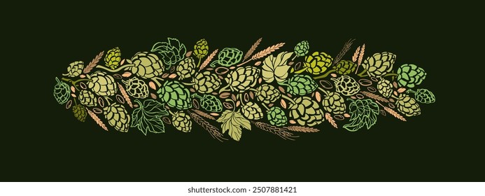 Green hop, malt print. Vintage beer oktoberfest symbol. Sketch of raw hop plant with cones, texture leaves, golden grain for beer brewing and food packaging, logo for bar, tavern, restaurant