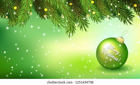 Green horizontal background for widescreen. Christmas fir branches with lights and a lying big ball with the inscription Merry Christmas