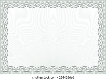 Green horizontal certificate or diploma template, isolated, complex design. Ready to use. Stock style border. With background.