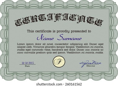 Certificado horizontal verde o plantilla de diploma con texto de muestra.