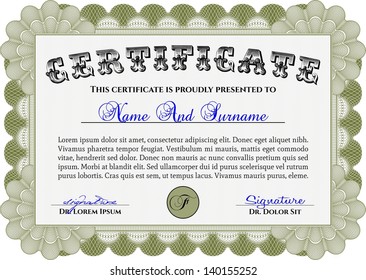 Green horizontal diploma or certificate template. Complex design. With sample text and background