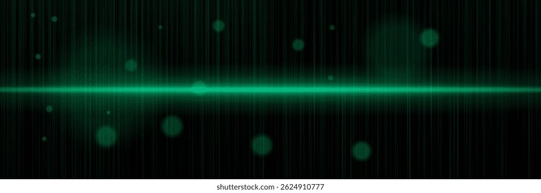 Green horizontal energy pulse with orbs, vertical lines, faint glow. Illustrates digital signal, sci-fi light, futuristic pulse, electric beam.
