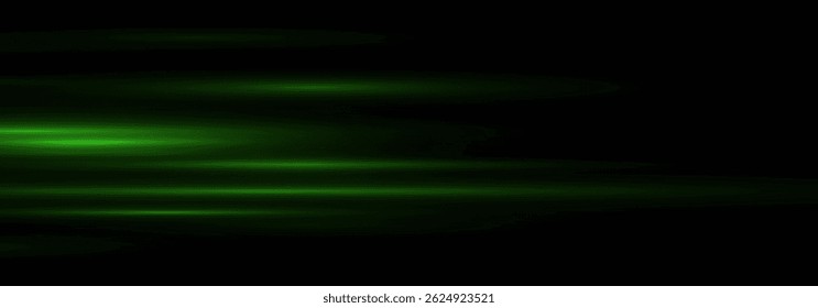 green horizontal glare pack. Laser beams, horizontal light beams. Speed ​​lines. Bright flas .