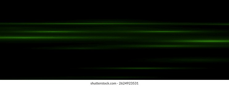 green horizontal glare pack. Laser beams, horizontal light beams. Speed ​​lines. Bright flas .