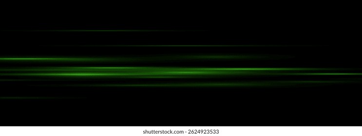 green horizontal glare pack. Laser beams, horizontal light beams. Speed ​​lines. Bright flas .