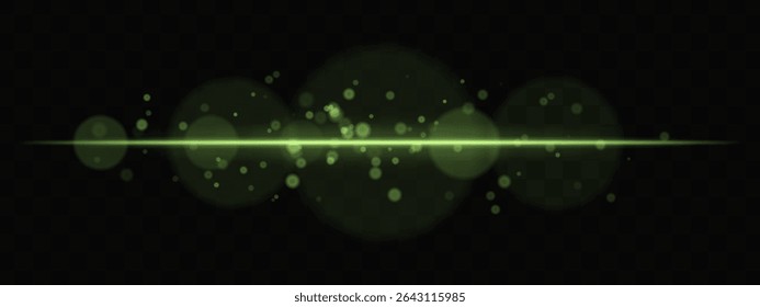 Green horizontal glow with light particles and lens bokeh on transparent background. Atmospheric sci-fi effect perfect for transitions, digital UI, or dreamy glowing overlays.