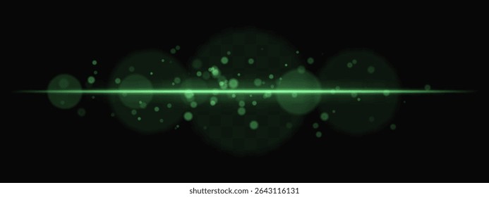 Green horizontal glow with light particles and lens bokeh on transparent background. Atmospheric sci-fi effect perfect for transitions, digital UI, or dreamy glowing overlays.