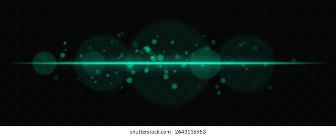 Green horizontal glow with light particles and lens bokeh on transparent background. Atmospheric sci-fi effect perfect for transitions, digital UI, or dreamy glowing overlays.