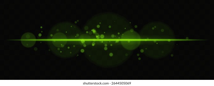 Green horizontal glow with light particles and lens bokeh on transparent background. Atmospheric sci-fi effect perfect for transitions, digital UI, or dreamy glowing overlays.