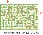 Green horizontal hedge maze vector Illustration. Top view of the open air rectangular labyrinth made of garden bushes and grass. Education logic game for kids, preschool and school pupils.