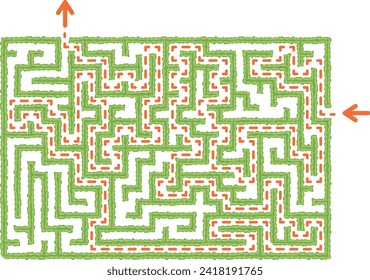 Green horizontal hedge maze vector Illustration. Top view of the open air rectangular labyrinth made of garden bushes and grass. Education logic game for kids, preschool and school pupils.