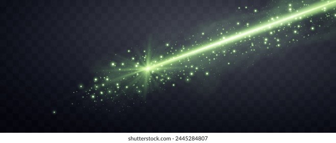 Green horizontal laser beam. Neon line, presentation pointer. Green glow flare light effect. Vector illustration. Isolated on dark transparent background.