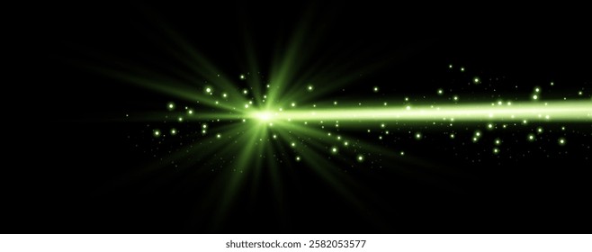 Green horizontal laser beam. Neon line, presentation pointer. Green glow flare light effect. Vector illustration. Isolated on black background.