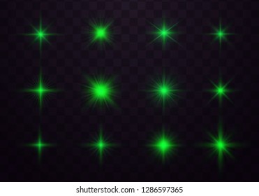 Green horizontal lens flares pack. Vector green glowing lights on transparent background. Spark, star burst, flash. Transparent shining sun, bright flash.