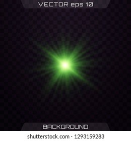 Green horizontal lens flares pack. Vector green glowing lights on transparent background. Spark, star burst, flash. Transparent shining sun, bright flash.