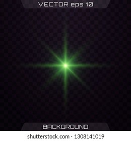 Green horizontal lens flares pack. Vector green glowing lights on transparent background. Spark, star burst, flash. Transparent shining sun, bright flash.