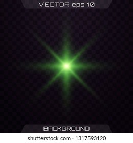 Green horizontal lens flares pack. Vector green glowing lights on transparent background. Spark, star burst, flash. Transparent shining sun, bright flash.