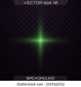 Green horizontal lens flares pack. Vector green glowing lights on transparent background. Spark, star burst, flash. Transparent shining sun, bright flash.