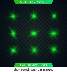 Green horizontal lens flares pack. Vector green glowing lights on transparent background. Spark, star burst, flash. Transparent shining sun, bright flash.