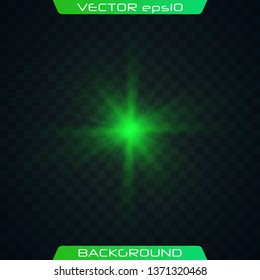 Green horizontal lens flares pack. Vector green glowing lights on transparent background. Spark, star burst, flash. Transparent shining sun, bright flash.