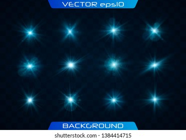 Green horizontal lens flares pack. Vector green glowing lights on transparent background. Spark, star burst, flash. Transparent shining sun, bright flash.