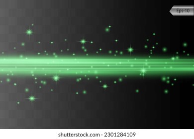 Green horizontal lens flares pack. Laser beams, horizontal light rays.Beautiful light flares. Glowing streaks on dark background. Luminous abstract sparkling lined background.