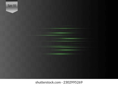 Green horizontal lens flares pack. Laser beams, horizontal light rays.Beautiful light flares. Glowing streaks on dark background. Luminous abstract sparkling lined background.