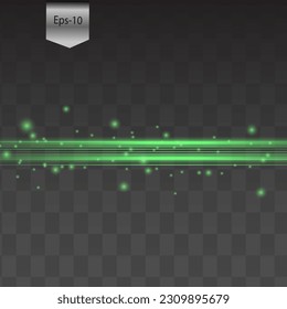 Green horizontal lens flares pack. Laser beams, horizontal light rays.Beautiful light flares. Glowing streaks on dark background. Luminous abstract sparkling lined background.