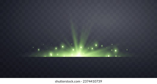 Grüner horizontaler Lensflare. Lichtblitz mit Rochen oder grünem Licht. Lichteffekt des Lichts mit niedriger Flamme. Vektorgrafik. Einzeln auf dunkeltransparentem Hintergrund. 
