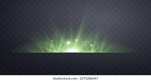 Grüner horizontaler Lensflare. Lichtblitz mit Rochen oder grünem Licht. Lichteffekt des Lichts mit niedriger Flamme. Vektorgrafik. Einzeln auf dunkeltransparentem Hintergrund