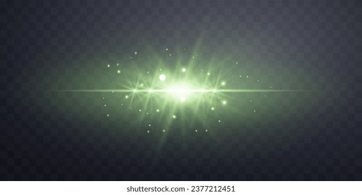 Green horizontal lensflare. Light flash with rays or green spotlight. Glow flare light effect. Vector illustration. Isolated on dark transparent background