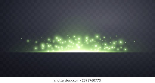 Grüner horizontaler Lensflare. Lichtblitz mit Rochen oder grünem Licht. Lichteffekt des Lichts mit niedriger Flamme. Vektorgrafik. Einzeln auf dunkeltransparentem Hintergrund