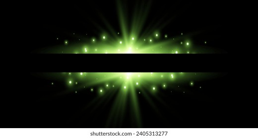 Green horizontal lensflare. Light flash with rays or green spotlight. Glow flare light effect. Vector illustration. Isolated on dark transparent background. 