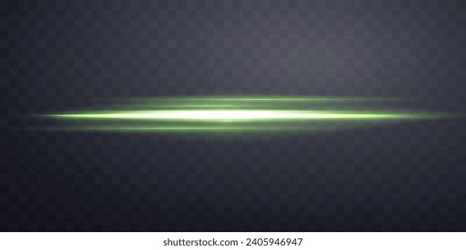 Green horizontal lensflare. Light flash with rays or green spotlight. Glow flare light effect. Vector illustration. Isolated on dark transparent background. 
