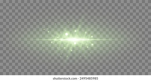 Lente Horizontal verde. Destello de luz con rayos o luz verde. Efecto de luz de destello brillante. Ilustración vectorial. Aislado sobre fondo transparente. 