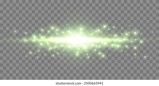 Green horizontal lensflare. Light flash with rays or green spotlight. Glow flare light effect. Vector illustration. Isolated on transparent background. 