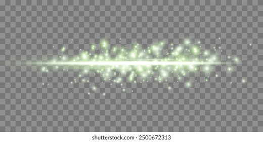 Green horizontal lensflare. Light flash with rays or green spotlight. Glow flare light effect. Vector illustration. Isolated on transparent background. 