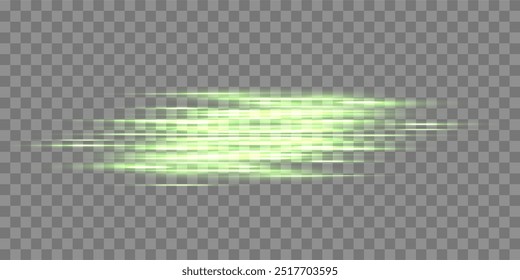 Green horizontal lensflare. Light flash with rays or green spotlight. Glow flare light effect. Vector illustration. Isolated on transparent background. 