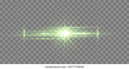 Green horizontal lensflare. Light flash with rays or green spotlight. Glow flare light effect. Vector illustration. Isolated on transparent background. 