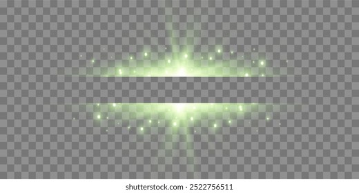 Green horizontal lensflare. Light flash with rays or green spotlight. Glow flare light effect. Vector illustration. Isolated on transparent background. 